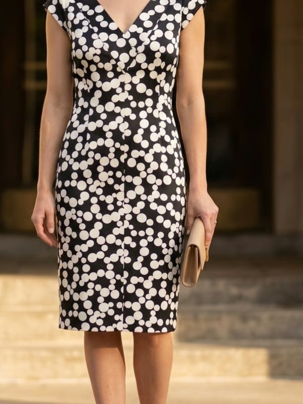 Maggy London Black and White Polka Dot Midi Sheath Dress